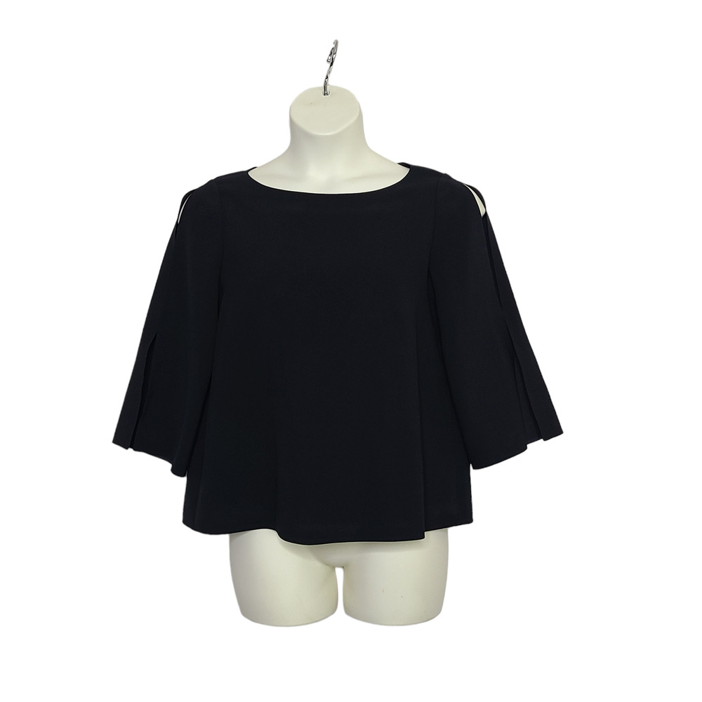 Lafayette 148 Womens Black Top SZ Medium Cold Shoulder Slit Sleeve Shirt Blouse
